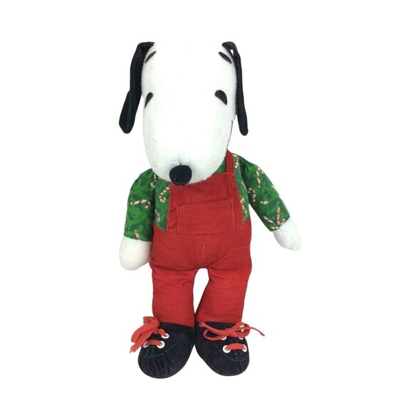 Vintage Snoopy Christmas Plush 13 inch Peanuts Doll In Red Overalls - Picture 1 of 6